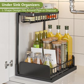 Minimalist Studio Under Sink Organizers and Storage, Height Adjustable L-Shape Kitchen Bathroom Organization, 2-Tier Sliding Storage Under Sink Cabinet Organizer Shelf Pull Out 1pc (Metal)