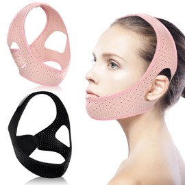 Pack of 2 Double Chin Mask, Full Breathing Chin Brace, Adjustable, for Sleeping and Day Use, Pink and Black, to Improve Jaw Line