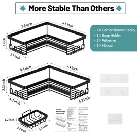 StorageRight Corner Shower Caddy, 3 Pack Adhesive Bathroom Accessories with Soap Holder, Storage Stainless Shower Organizer Shelf with Hooks, No Drilling Shower Shelves for Bathroom, Dorm and Kitchen