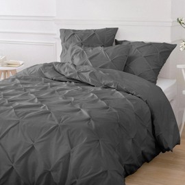 MH Home Pintuck Single Duvet Cover Set - 200 Thread Count 100% Egyptian Cotton Pinch Pleated Quilt Bedding Covers Set (Charcoal, Single)