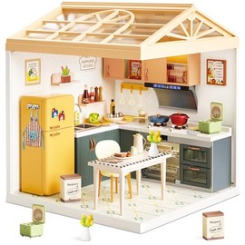 BeepZipp - Kit de cocina en miniatura de casa de muñecas DIY con luz LED, puerta y techo a prueba de polvo - Conjunto creativo de construcción de