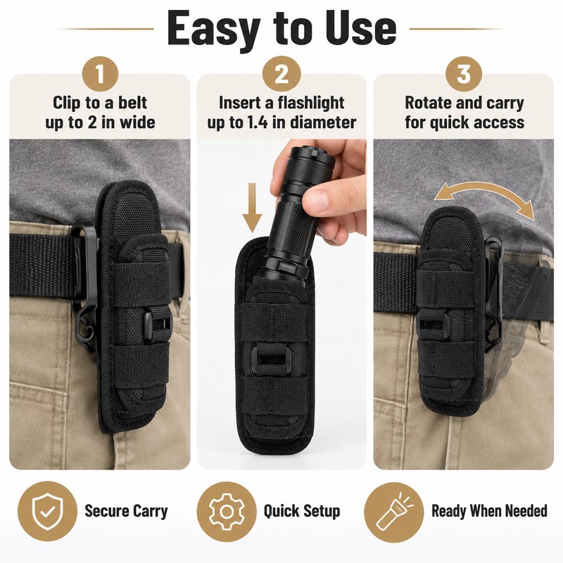 Flashlight Belt Holster for Hands-Free Carry – 360° Rotating Clip
