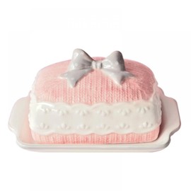 Gaolinci Cute Sweater Bow Butter Dish, Pink Ceramic Dessert Dish with Lid