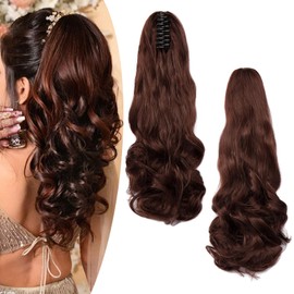 Gairyan 20inch Ponytail Extension Clip in Ponytail Hair Extensions Curly Wavy Pony Tails Claw on Ponytail Long Wave Synthetic Hairpieces for Women Soft Real Look (Dark Auburn)