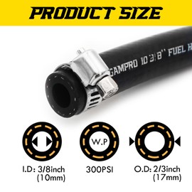 GAMPRO Petrol Hose Kit, 3 m Diameter 10 mm Nitrile Rubber Diesel Hose Fuel Hose Strong Corrosion Resistance Oil Hose with 6 Pieces Hose Clamps Motorcycle Scooter
