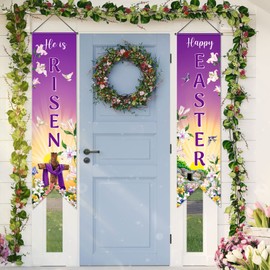 Outus Outus Happy Easter Door Banner He Is Risen Porch Sign Decoration Christian Wall Hanging Banner Jesus Cross Religious Spring Background Photo Prop Backdrop for Home Outdoor Indoor Party Supplies