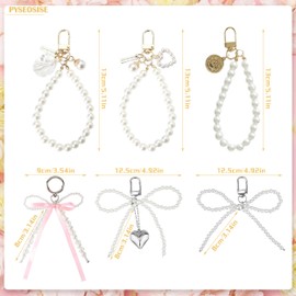 PYSEOSISE Pearl Bow Keychain Set, 6 Pieces Faux Pearl Keychain, Pearl Beaded Wristlet Keychain Cell Phone Charm Bag Charm for Women