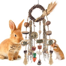 Bissap Bunny Chew Toy, Rabbit Cage Hanging Chewing Toy Treat Christmas Grapevine Wreaths Rattan Ring with Snack Water Grass for Guinea Pig Chinchilla Hamster Rat and Other Small Pet Teeth Grinding