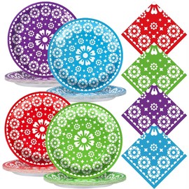 96 PCS Mexican Fiesta Napkins and Plates Papel Picado Paper Party Tableware Disposable Mexican Cinco De Mayo Dinnerware Set for Fiesta Taco Birthday Baby Shower Party Supplies, Serve 48