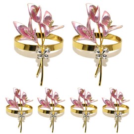 Gold Lily Napkin Rings Set of 6,Metal Napkin Ring Holders with Rhinestone for Wedding Fall Thanksgiving Christmas Fall Party Holiday Banquet Delicate Serviette Buckles Decor Favor (Lily-Pink)