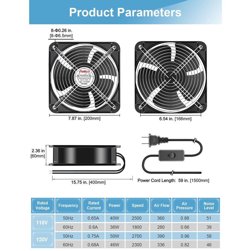 Wathai AC Axial 2060 200mm Case Muffin Fan 110v 120V