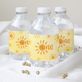 DISTINCTIVS First Trip Around the Sun 1st Birthday Party Water Bottle Labels, Sunshine Stickers for Water Bottles - 24 Count