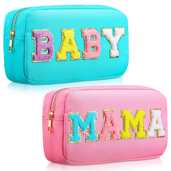 2 Pieces Nylon Cosmetic Bag Chenille Letter Makeup Bag Baby and Mama Pouch Zipper Baby Travel Toiletries Pouch Preppy Patch Cosmetic Travel Toiletry Bag for Women and Girls (Pink, Blue)