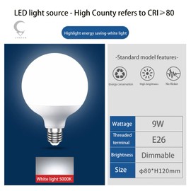 LVHEOM LED Globe Bulb, 100W Equivalent Light Bulbs, 9W 5000K Daylight White Bulb, 900 Lumens Triac Dimmable LED Bulb, E26 Standard Base (9W 5000K 4PACK) (5000K)