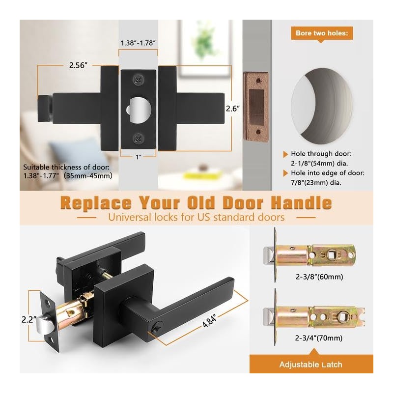 Probrico Keyed Alike Black Door Handle, Heavy Duty Flat Square