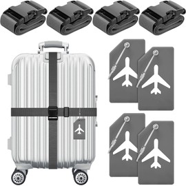 Weewooday 8 Pcs Luggage Straps Suitcase Tags Set for TSA Approved, 4 Travel Adjustable Suitcase Belt, 4 Silicone Luggage Tags with Name ID Card Travel Accessories(Dark Gray,Airplane)
