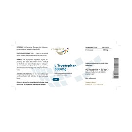 Vita World L-Tryptophan 500 mg 90 Capsules Vegan Pharmacist Production with Certificate of Analysis