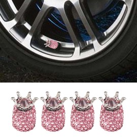 KITUREK 4PCS Crown Car Tire Valve Stem Caps, Crystal Rhinestone, Dustproof & Leakproof, Universal Fit, Pink