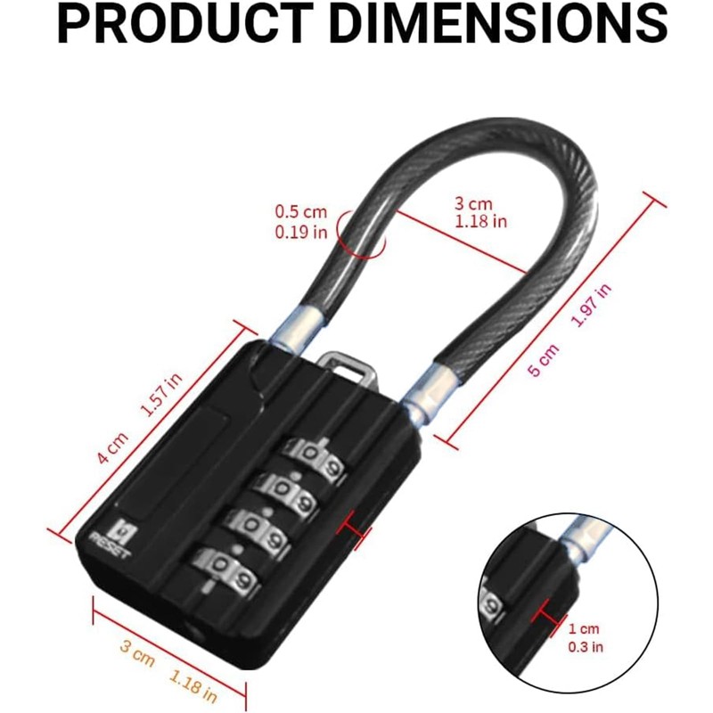RESET -204 4-digit combination lock with 10 cm wire rope,