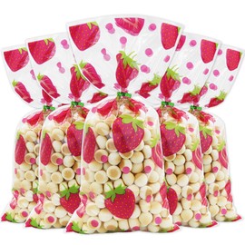 Strawberry Goodie Bags 100 Pieces Strawberries Cellophane Bags with Twist Ties, Plastic Clear Goody Candy Gift Treat Bags Snack Bags for Kids Boys Girls Baby Shower Birthday Party Decoration Supplies
