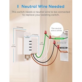 meross - Interruptor de luz inteligente compatible con Apple HomeKit, Siri, Alexa, Google Assistant y SmartThings, interruptor de luz Wi-Fi de 2.4 GHz, requiere cable neutro, un solo polo, programa de