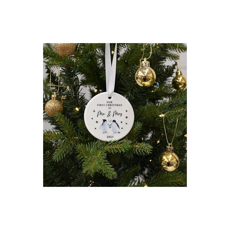 "First Christmas as Mr & Mrs" Watercolour Penguin Design Ceramic