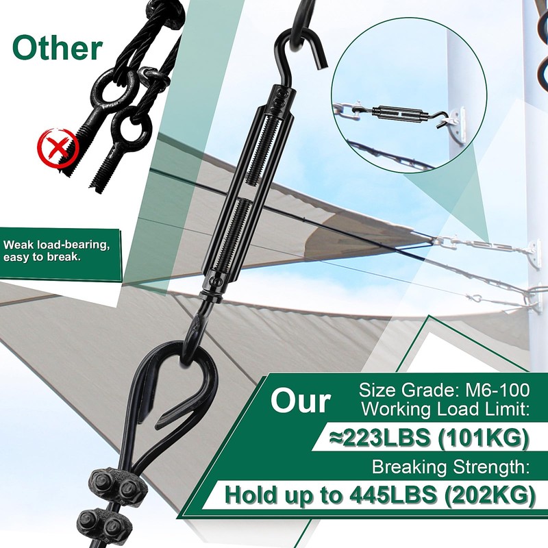 Premium Adjustable Black Turnbuckle Tensioner, 12PCS M6 Hook & Eye