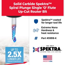 Amana Tool 51818-K CNC Spektra Coated SC Spiral O Single Flute Ball Nose Plastic Cutting 1/8 R x 1/4 D x 3/4 CH x 1/4 SHK x 2 Inch Long Up-Cut Router Bit with Mirror Finish