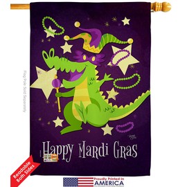 Mardi Gras Alligator Garden House Flags Kit Springtime Carnival Festival Masquerade Celebration Season Holiday French Small Decorative Gift Yard Banner Double-Sided Made In USA 28 X 40