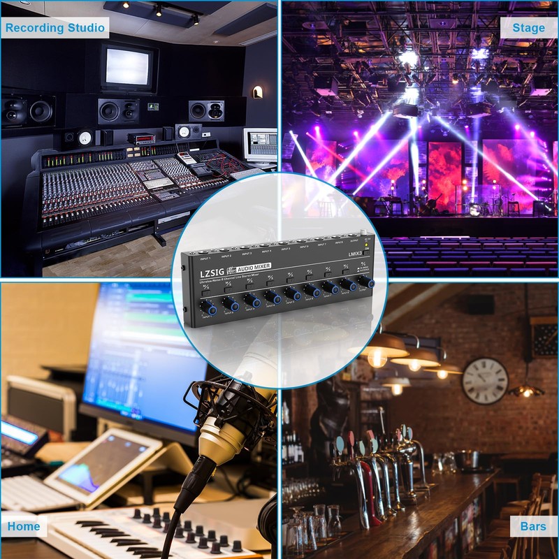 LZSIG Audio Mixer, Stereo Line Mixer for Sub-Mixing, Ultra Low-Noise,
