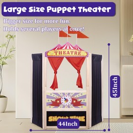 WodGod Puppet Theater,Large Size 44 Inch X 45 Inch,Wooden Puppet Theater,Double Doors with Curtains,Blackboard and Clocks,12 Piece Colorful Chalks Included