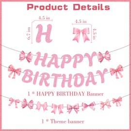 Pink Bow Birthday Decorations Banner - 2 Pcs Pink Bows Garland Banner with Happy Birthday Letter Bow Pattern for Girls Women Party Sweet Cute Theme Coquette Decorations Supplies