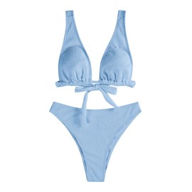 ZAFUL Womens Back Tie Bikini Set V Neck High Waisted Crinkle Longline Plunge Bikini Two Piece Bathing Suits (Light Blue, S)