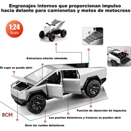 FUWEN 1/24 Camiones de Juguete Cybertruck, Camiones de Juguete para Niños con Motocicleta, Camione de Juguete de Metal Fundido a Troquel con Luz y Sonido, Retroceso, Regalo Ideal (Plata)