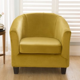 Tub Chair Cover 2 Piece Set - Upgraded 2 IN 1 Design Removable High Stretch Soft Velvet Sofa Couch Arm Bucket Chairs Armchair Seat Covers with Cushion Cover for Dining Living Room Office Reception