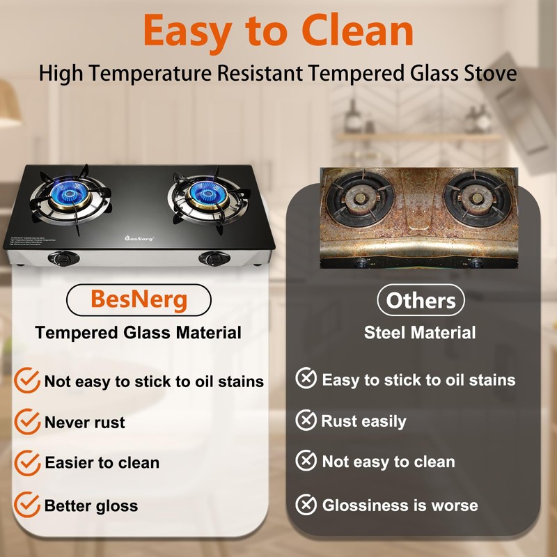 BesNerg 2 burner propane stove two burner, Portable Tempered Glass