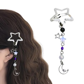 Star Snap Hair Clips Cute Hair Acceesories for Women Cool Star Moon Hair Pins with Tassel Chain Cute Silver Metal Snap Barrettes for Girls Trendy Non Slip Hair Clips for Trendy Theme Party
