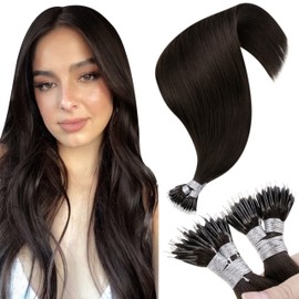 Hetto Nano Ring Hair Extensions Remy Nano Tip Real Hair Extensions Nano Beads Human Hair Extension #2 Darkest Brown 18 Inch 50g 50 Strands