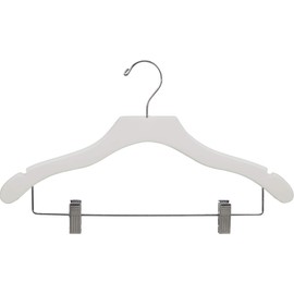 White Wood Wavy Combo Hanger w/ Adjustable Cushion Clips, Box of 100 Space Saving 17 Inch Flat Wooden Hangers w/ Chrome Swivel Hook & Notches for Shirt Jacket or Dress by The Great American Hanger Company