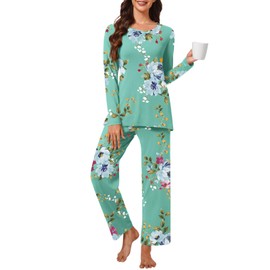 Findsweet 2024 Women's Pajamas Sets 2 Piece Long Sleeve Pj Sleepwear Soft Comfy Tops and Pants with Pockets XL, Mint Green