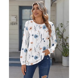 Zeagoo Floral Clothes Puff Long Sleeve Tops for Women Business Casual Basic Tee Shirts Crewneck Lightweight Tshirts