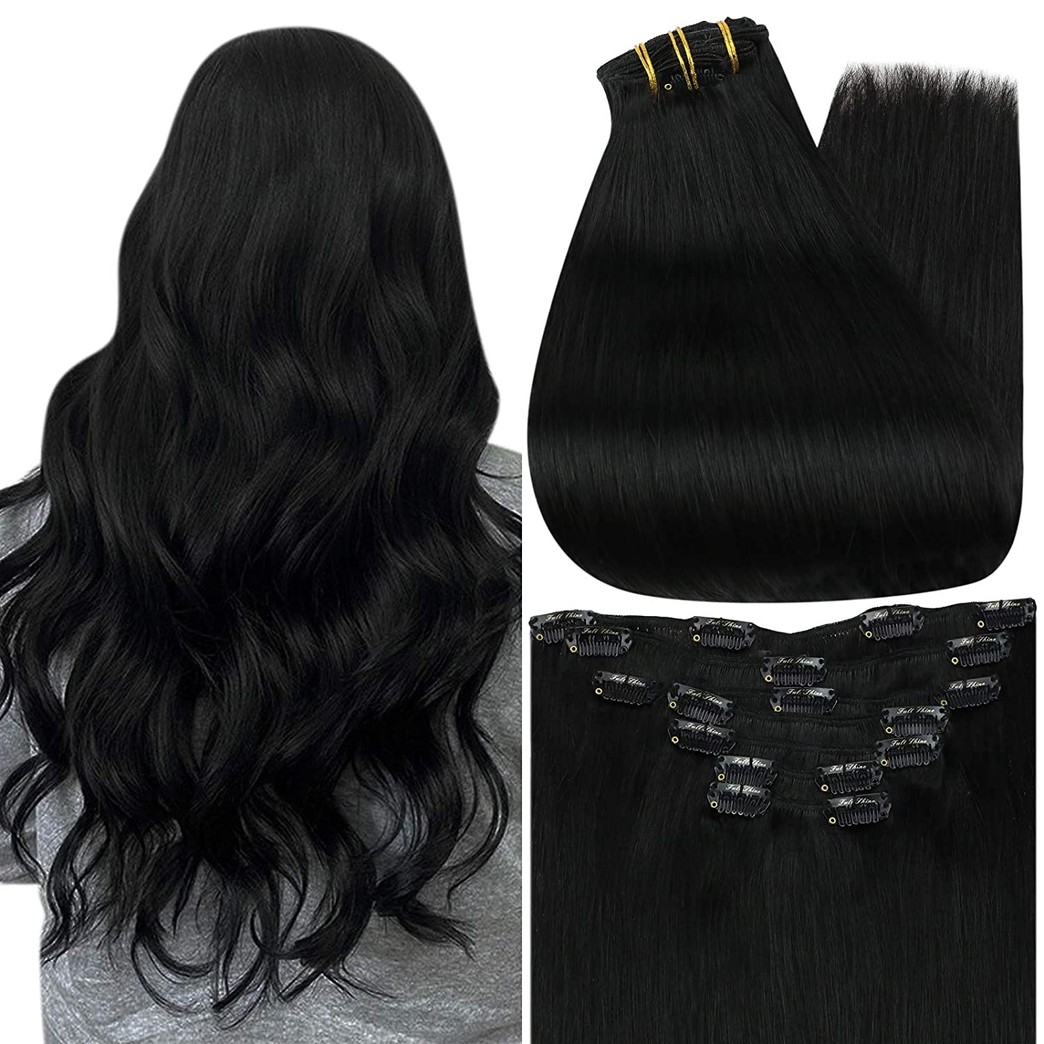 Full Shine Hair Extensions Clip in Human Hair 10 Inch 100 Remy Hair Extensions 80 Gram Solid Color 1 Jet Black Clip in Hair Clip in Hair Extensions Double Wefted Hair With Clips 7 Pcs