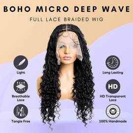 PIB 24 Inch Single Full Lace Braid Wig - Micro Box Braided Wig with Deep Wave - Knotless Braids for Black Women - Modern Style Curly Hair Wig (#1B Off Black)