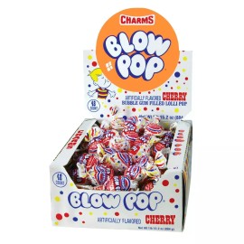 Tootsie Roll Charms Blow Pops Cherry Flavor 48 Count Chewy Bubble Gum Hard Candy Shell