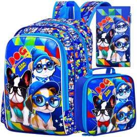 KLFVB 3PCS Boys Backpack, Water Resistant Kids Bookbag with Lunch Box, 16" Preschool Backpacks for Elementary - 3*dog Blue
