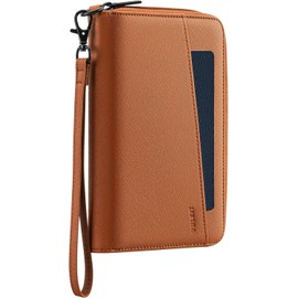VULKIT Porta Pasaporte de Cuero con Bloqueo RFID y Correa para Muñeca, 8 Ranuras para Tarjetas (Incluye 2 Ventanas para ID), Ranuras 2 Internas + 2 Externas para Pasaportes, Cierre Zipper, Marrón