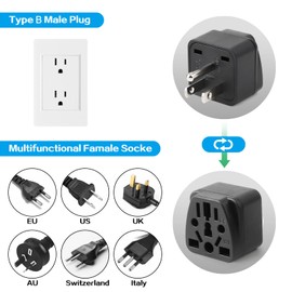Paquete de 2 adaptadores de enchufe de viaje de EE. UU., UE, Reino Unido, AU, in, CN, JP, Asia, Italia, Brasil a Estados Unidos (tipo B), enchufe de pared de 3 clavijas, enchufe de pared de enchufe de pared (negro)