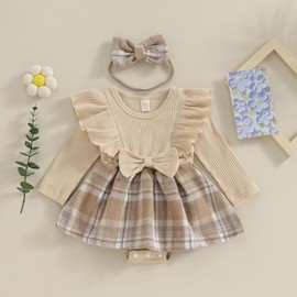 Vioyavo Infant Baby Girls 2Pcs Dress Outfits Ruffle Long Sleeve Plaid Print Skirt Romper with Headband Set Cute Fall Short Skirt Set (Apricot, 6-9 Months)