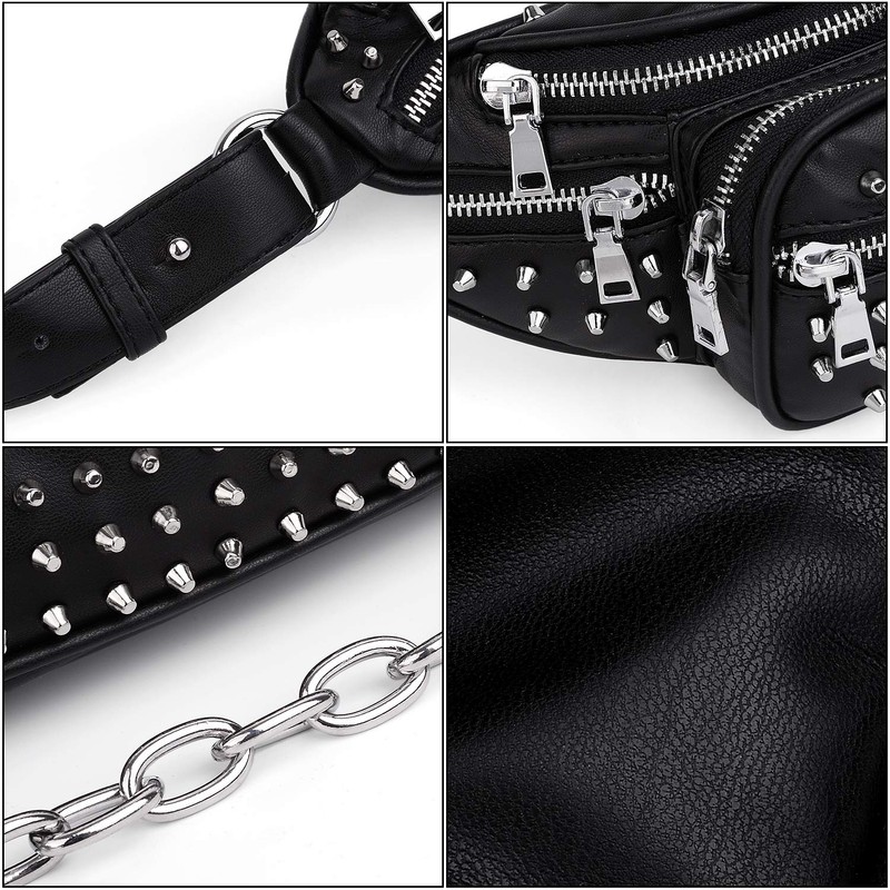 UTO Fanny-Pack-for-Women-Leather Vegan Waist Bag Rivet Studded Lightweight Zipper Pocket