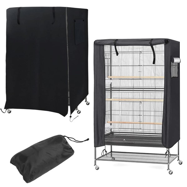 Washable Waterproof Bird Cage Cover with Mesh Window and Lightweight Storage Pocket, Universal Protective Cage Cover, 97 x 60 x 130 cm (Black)
